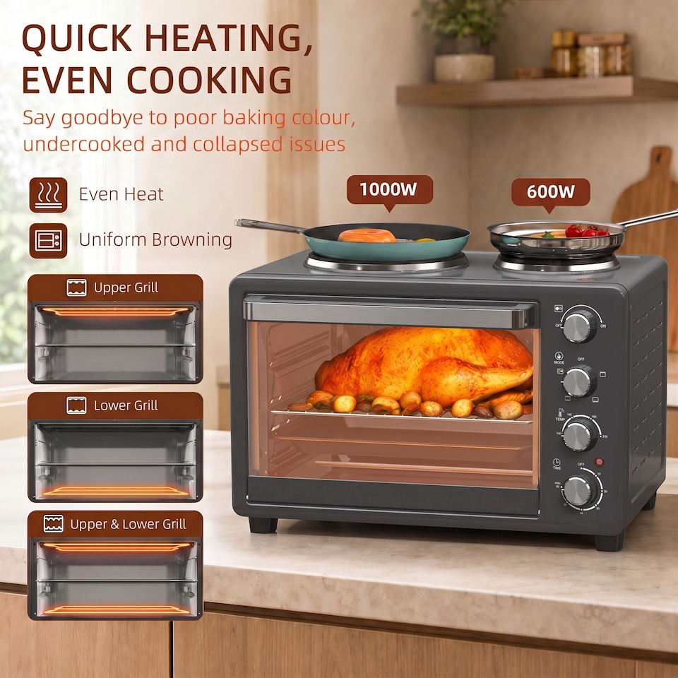 image 1 of HOMCOM 28L Countertop Toaster Oven with 2 Hot Plates, Grill, Roast, Bake