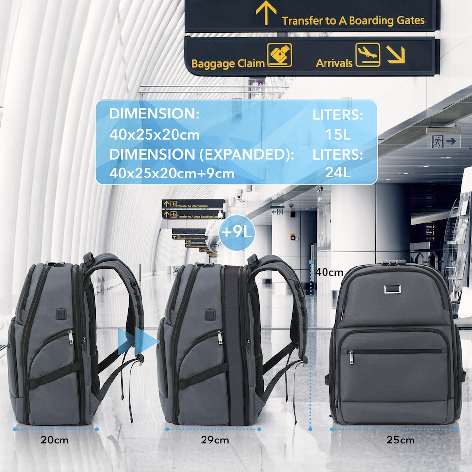 image 1 of Cabin Pro 'Stride' 40x20x25cm Ryanair Cabin Bag Underseat Backpack for Travelling TSA Approved Lock Expandable Backpack - Carry on Luggage | Grey | Grey | 1