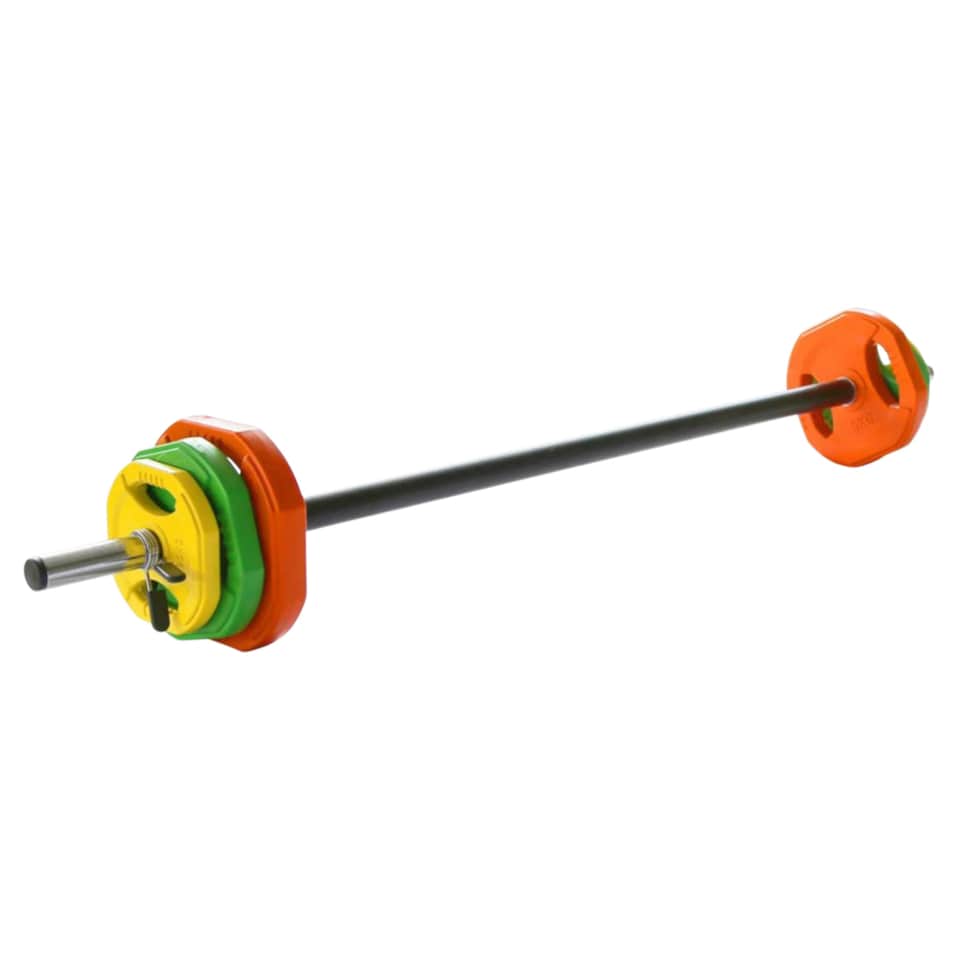 Modern Fitness 30kg Studio Pump Barbell Set Colour-Coded Tri-Grip Weight Plates & 1.4m Anti-Slip Bar Quick-Release Clamps