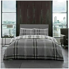 VELVETIO Bardsley Check Printed Duvet Cover Set Reversible Polycotton Beddings Grey | King