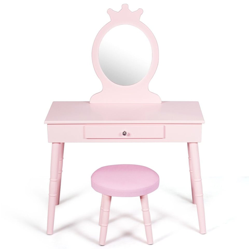 image 1 of COSTWAY Pretend Makeup Dressing Table Kids Vanity Table Pink