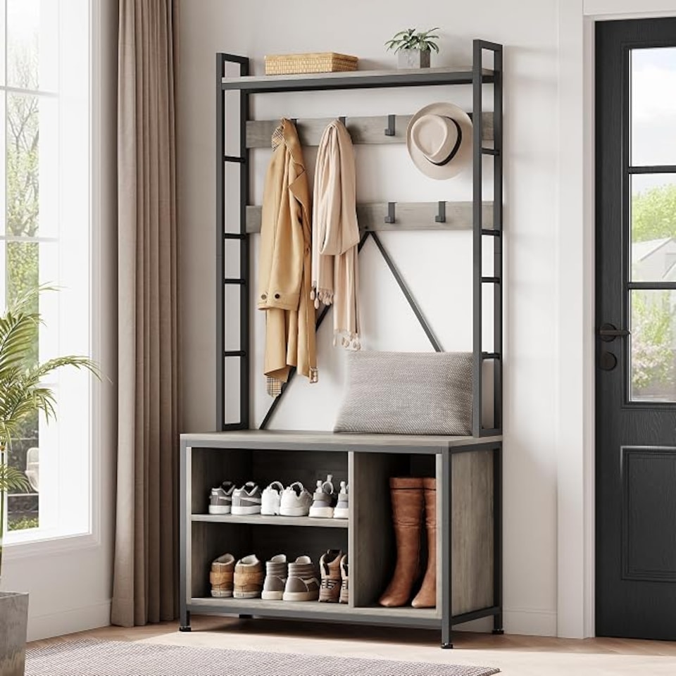 image 1 of London Boutique 5-in-1 Freestanding Hall Tree with Bench & Drawers