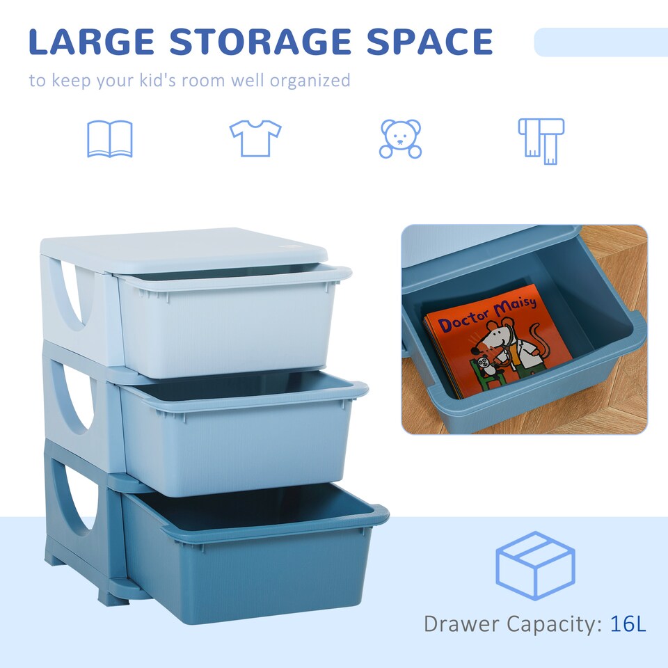 image 1 of HOMCOM Kids Storage Units with Drawers 3 Tier Chest Dresser Tower Blue