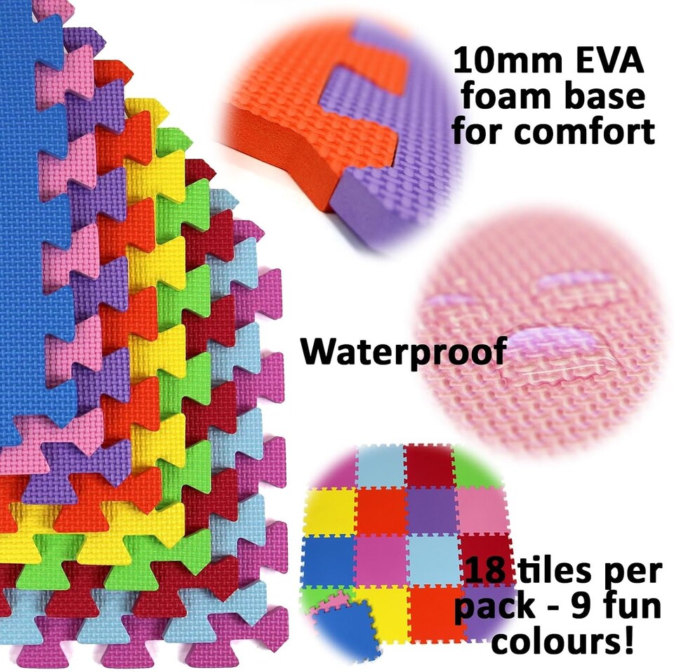 image 1 of Actiasmat - Interlocking Play Mats | 18 Multi-Coloured EVA Foam Tiles | 31.5 x 31.5cm | Soft, Safe, Non-Toxic Baby & Toddler Flooring.