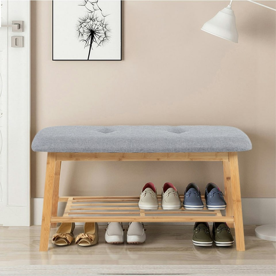 image 1 of Living and Home Bamboo Shoe Bench with Upholstery for Entryway