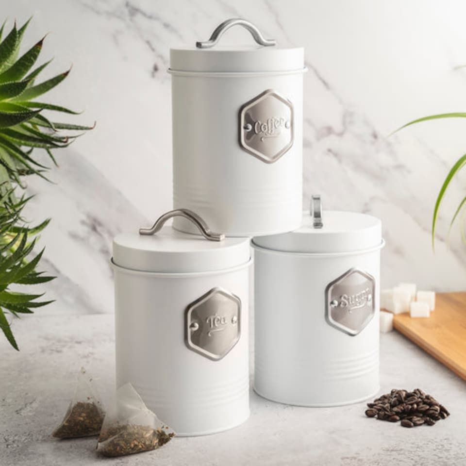 image 1 of Cooks Professional 3 Piece Kitchen Storage Set – Tea, Coffee & Sugar Cannisters | White | White & Silver | 3