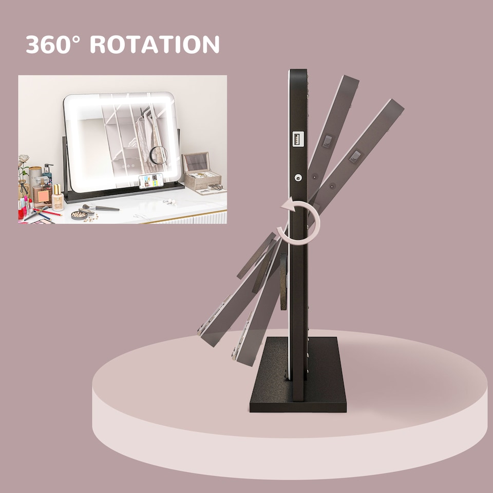 image 1 of HOMCOM Vanity Mirror with Lights, 6350 cm Lighted Makeup Mirror with 3 Colour Lighting Modes, 10 Magnifying, USB Charging Port, Phone Holder, 360 Degree Rotation, Touch Screen, for Dressing Table