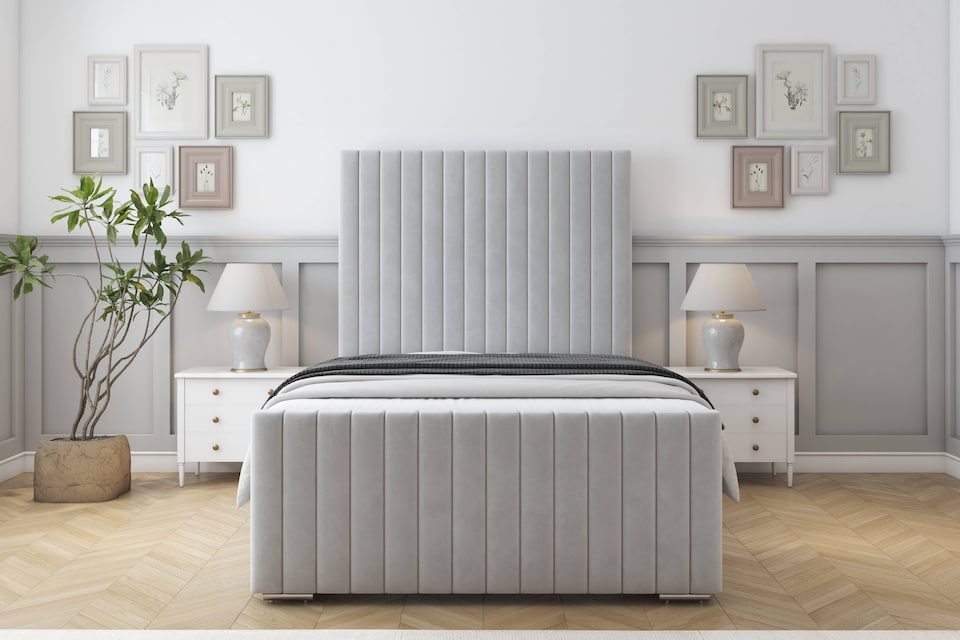 image 1 of Sloomy Madison Silver Plush Bed Frame With 50" Upholstered Headboard 4' Small Double