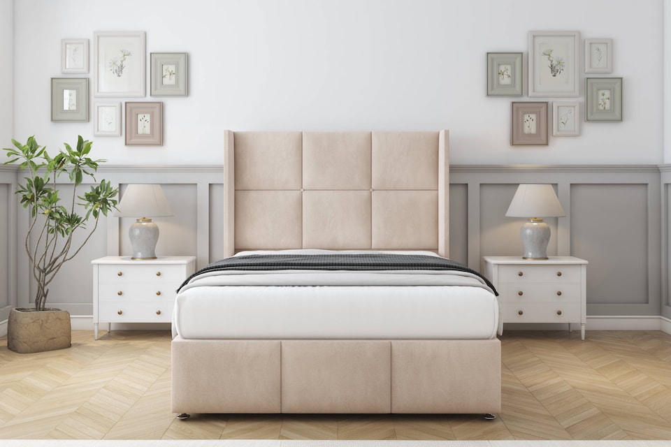 image 1 of Sloomy Beaumont Sand Naples Divan Bed With Mattress No Drawers With 54" Wingback Headboard & 12" Matching Footboard 5' King | Cream | Sand | King | 1