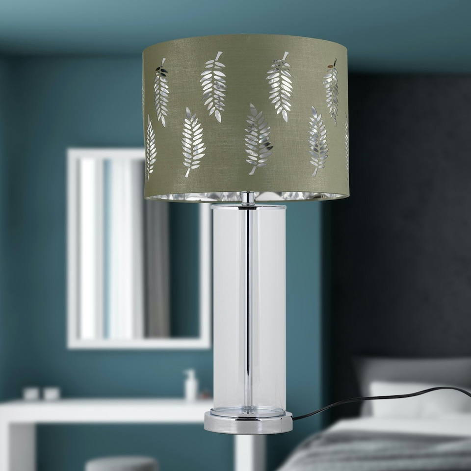 image 1 of Set of 2 Aura - Chrome Table Lamps with Sage Green Fern Shades Chrome | Green