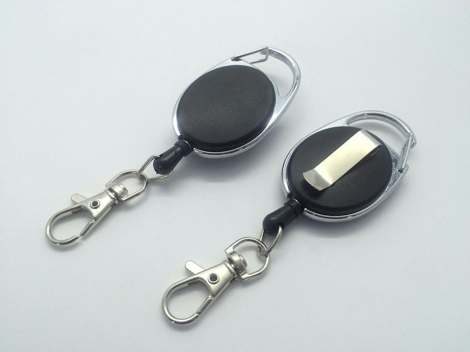 image 1 of Pack Of 6 Black Retractable Key Reel - Recoil Cord Key Ring Pull Chain Belt Clip