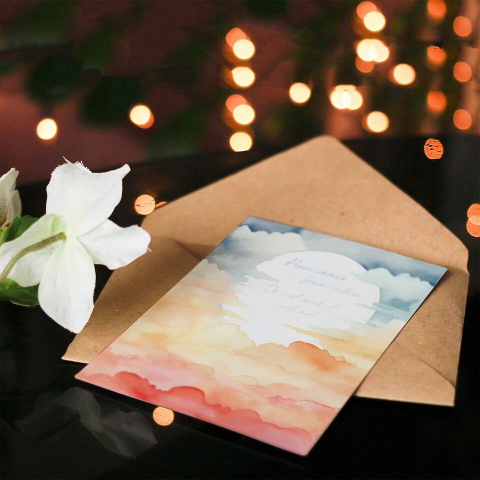 image 1 of Peace Comes From Within Buddhist Quote Sun Clouds Spiritual Birthday Card