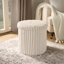 OHS Soft Fleece Ribbed Round Foldable Footstool Seat Storage Organiser Ottoman Cream
