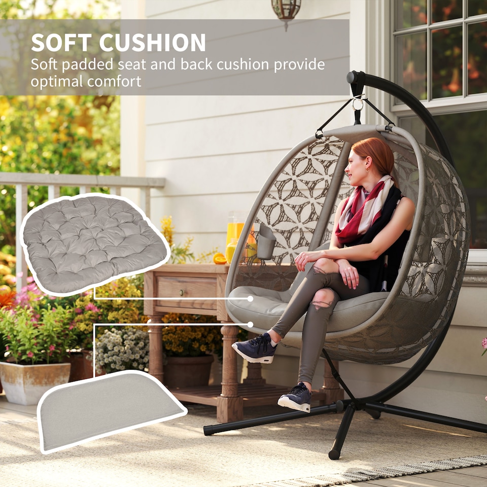 image 1 of Outsunny Double Hanging Swing Chair w/ Stand & Cup Holders, Brown | Brown