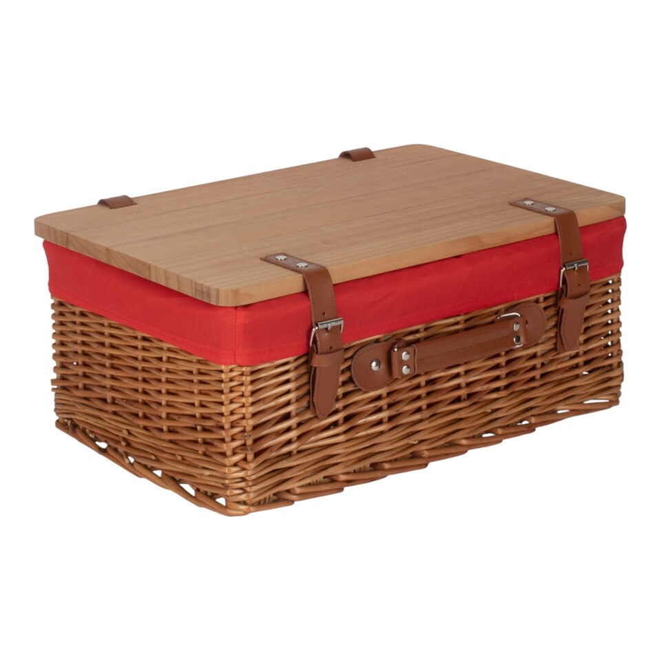 image 1 of 36cm Double Steamed Red Lined Willow Empty Picnic Basket with Pinewood Lid | Brown | Brown | S | 1