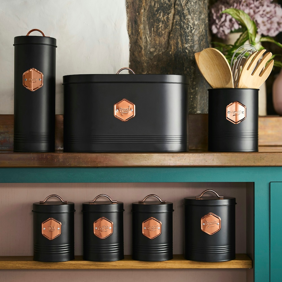 image 1 of Cooks Professional 7-Piece Kitchen Storage Set | Tea Coffee Sugar Bread Biscuit Pasta & Utensil Cannisters | Black & Copper