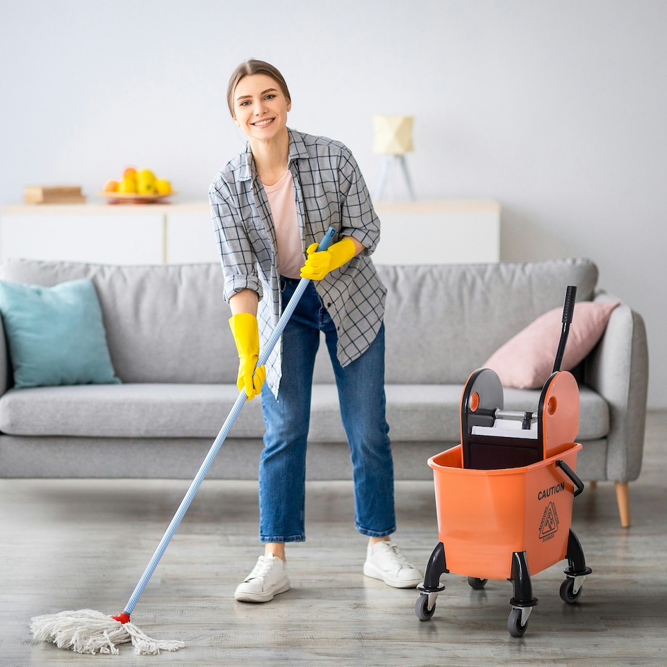 image 1 of HOMCOM Mop Bucket on Wheels w/ Carry Handle, Mop Holder for Household Orange