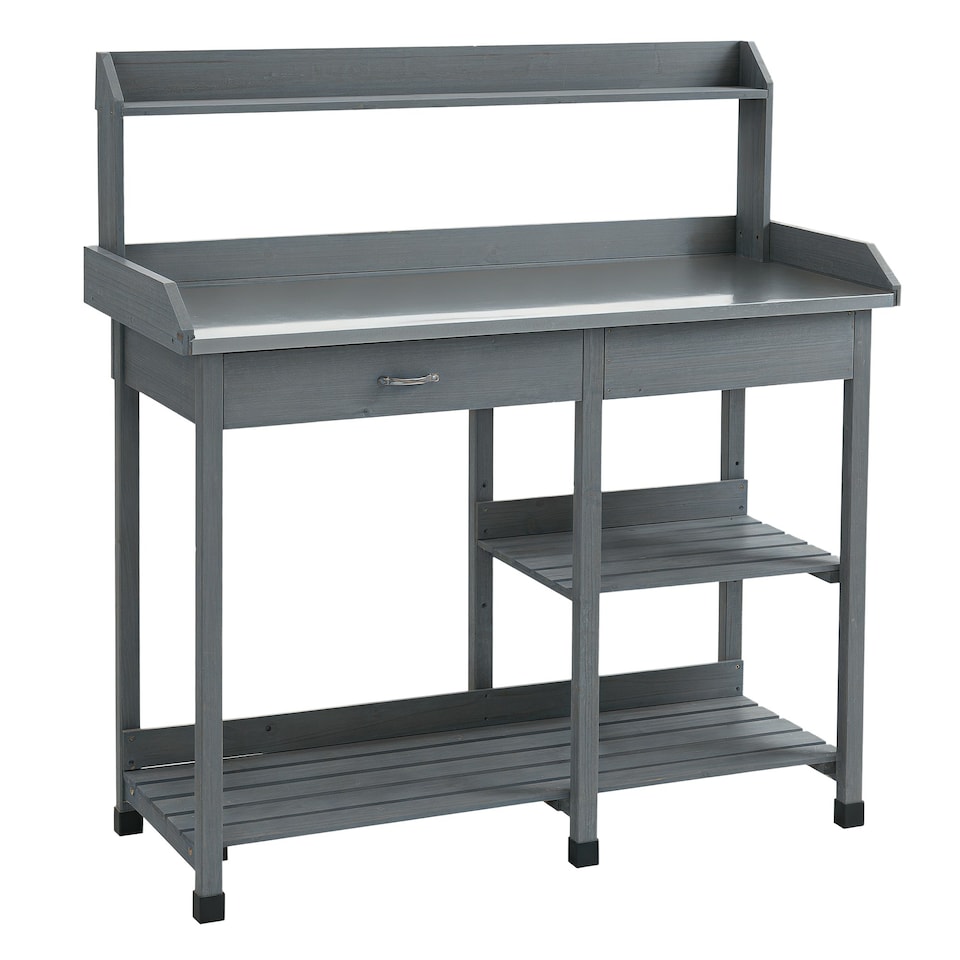 image 1 of Outsunny Garden Potting Table Workstation w/ Metal Tabletop, Drawer, Shelves 