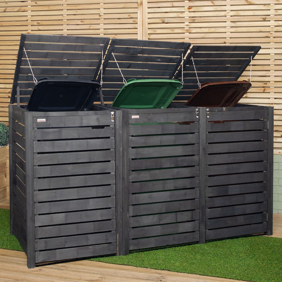 image 1 of 2.15m x 1.16m Outdoor Wooden Garden Triple Wheelie Bin Store Storage for 3 Bins in Dark Grey