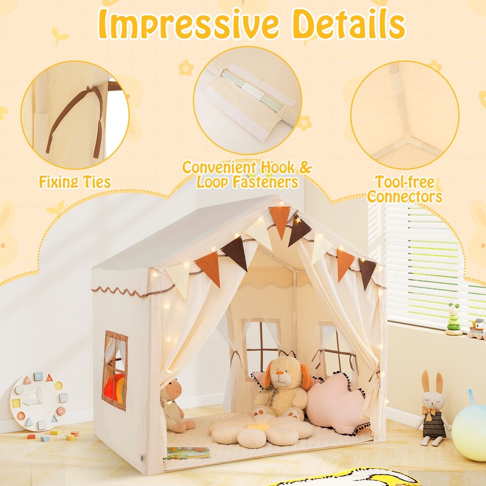 image 1 of COSTWAY Kids Play Tent 3-4 Kids Large Play Tent House w/2 Opening Doors-Beige