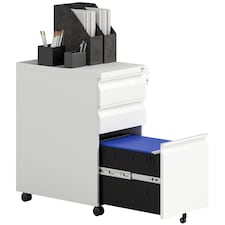 Vinsetto 3-Drawer Filing Cabinet with Lock, Mobile Steel File Cabinet for A4, Under Desk Drawers with Pre-Assembled Body for Home Office | White | White