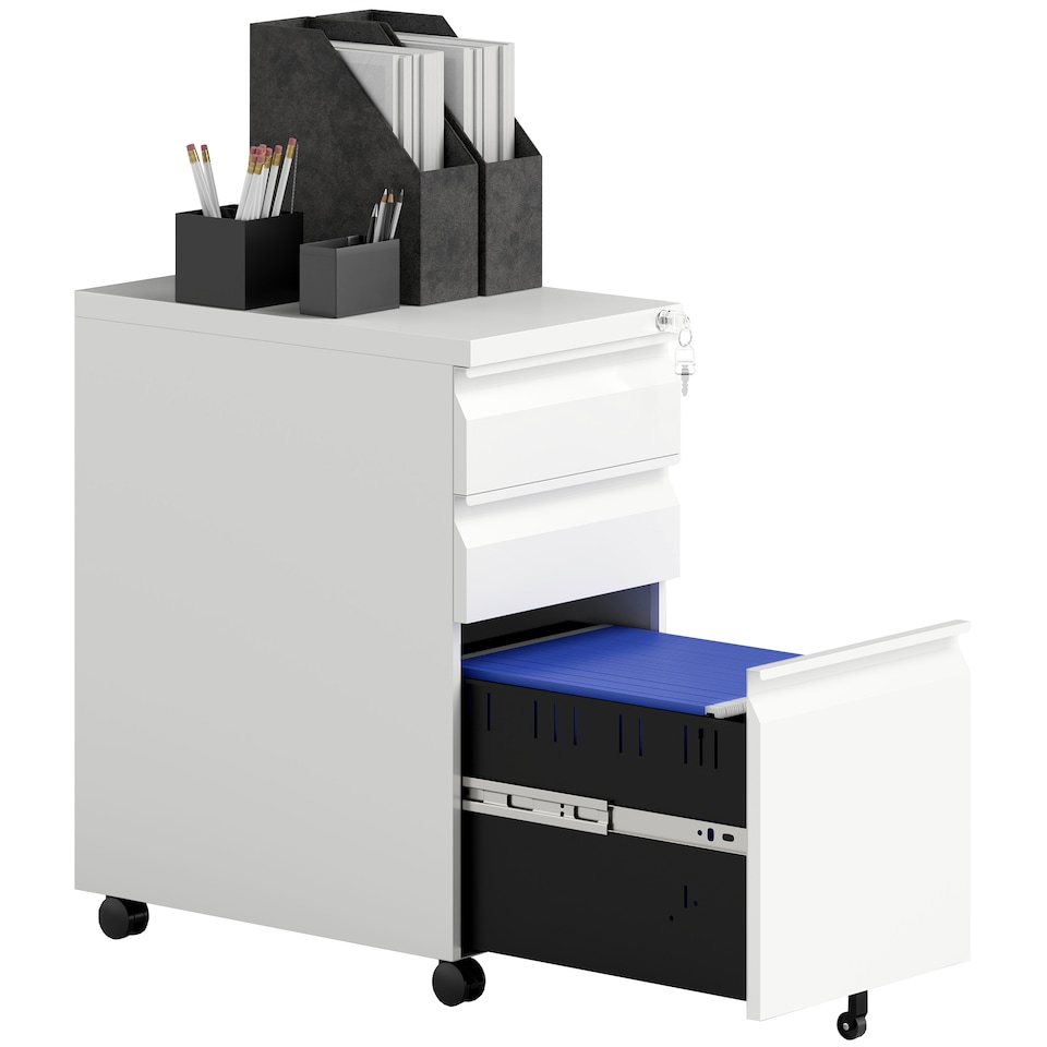 image 1 of Vinsetto 3-Drawer Filing Cabinet with Lock, Mobile Steel File Cabinet for A4, Under Desk Drawers with Pre-Assembled Body for Home Office | White | White