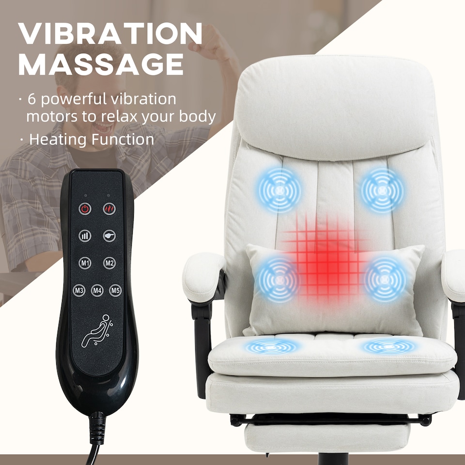 image 1 of Vinsetto Office Chair, Ergonomic Desk Chair with 6-Point Vibration Massage and Lumbar Heating, Computer Chair with Lumbar Support Pillow, 155 Reclining Back and Footrest, Cream White