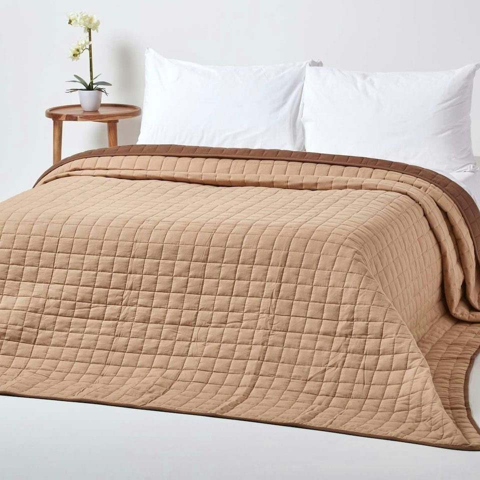 image 1 of Homescapes Cotton Quilted Reversible Bedspread Chocolate Mink Brown - 150 x 200 cm | Brown