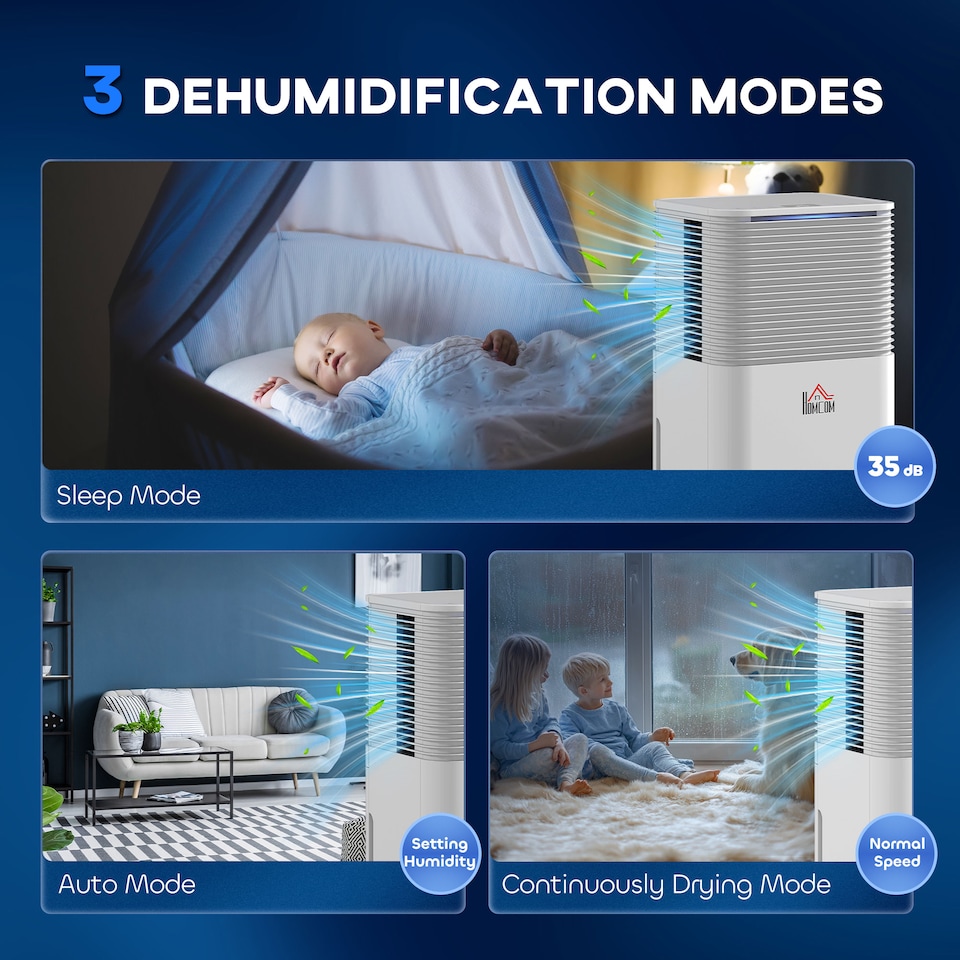 image 1 of HOMCOM 10LDay Dehumidifier with 2L Water Tank, Laundry Drying, Automatic Humidity Sensor, Electric Portable Dehumidifier with 24H Timer, 3 Modes for Home Damp, Mould and Condensation