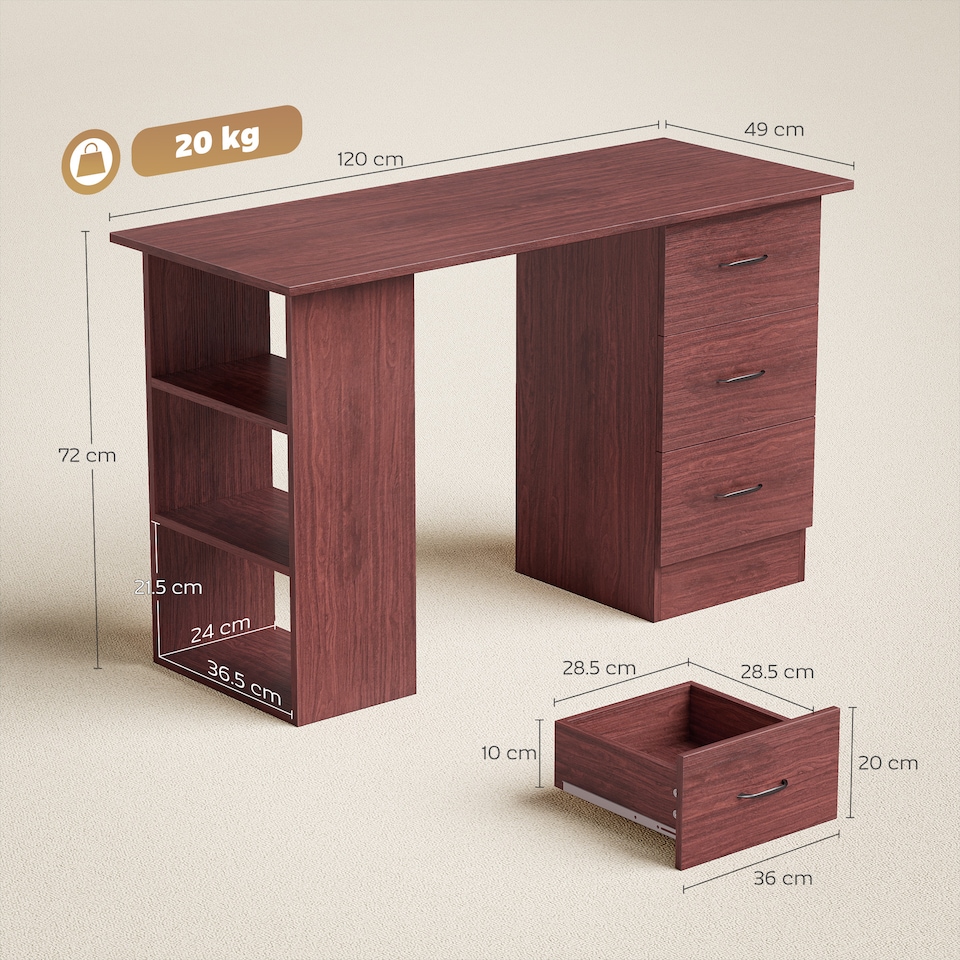 image 1 of HOMCOM Computer Desk, Writing Table, PC Workstation with 3 Storage Shelves and Drawers, Silver Handle, for Home Office, Walnut Brown