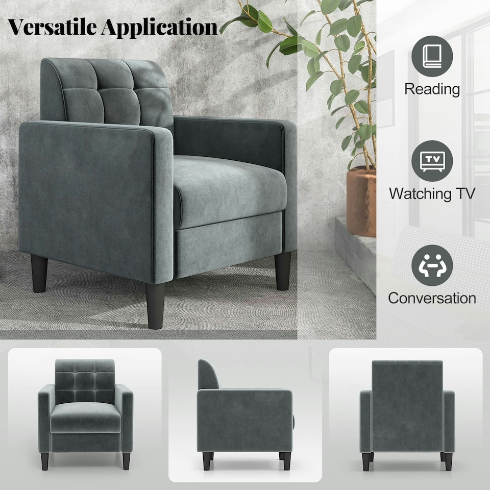 image 1 of COSTWAY Modern Velvet Accent Sofa Chair Upholstered Armchair | Grey | Chair