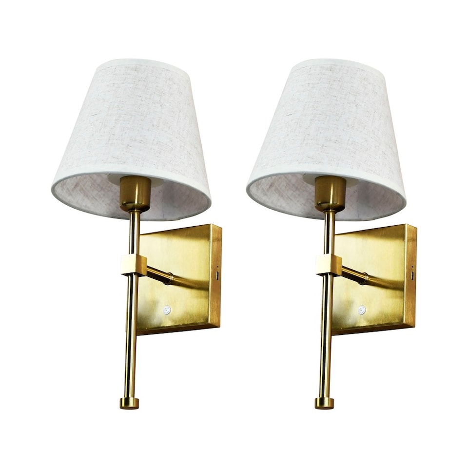 image 1 of Set of 2 Horrace - Brass Rechargeable Wall Lights with Linen Shades