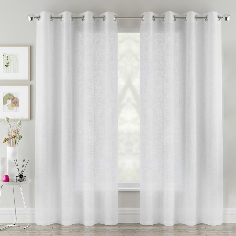 image 1 of Pair of Crete White Luxury Linen Look Sheer Panels with Eyelet Header 183 CM