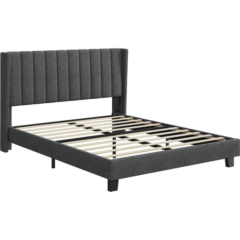 image 1 of Yaheetech 150 cm W × 200 cm L  Upholstered Bed Frame with Wing Side Dark Grey
