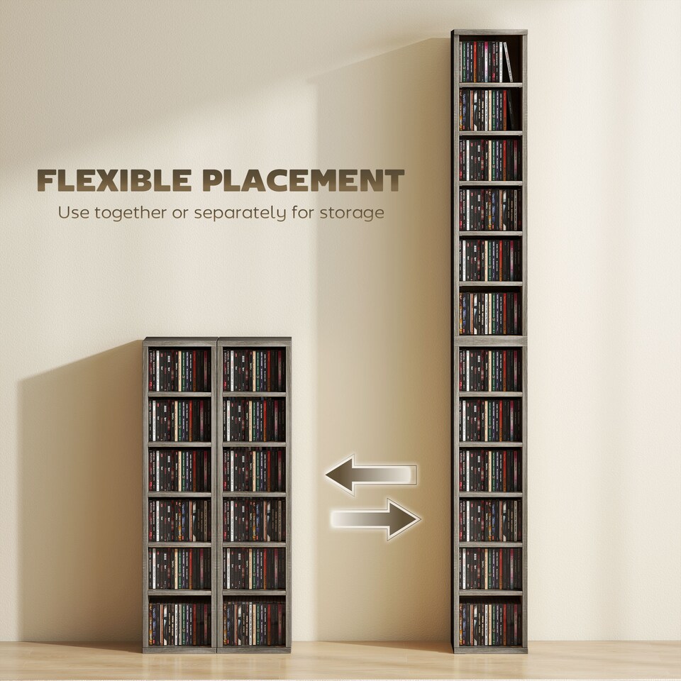 image 1 of HOMCOM Set of 2 CD Storage Units DVD Shelf with Adjustable Shelves | Grey | Distressed Grey | 21W x 22.5D x 88.5H cm