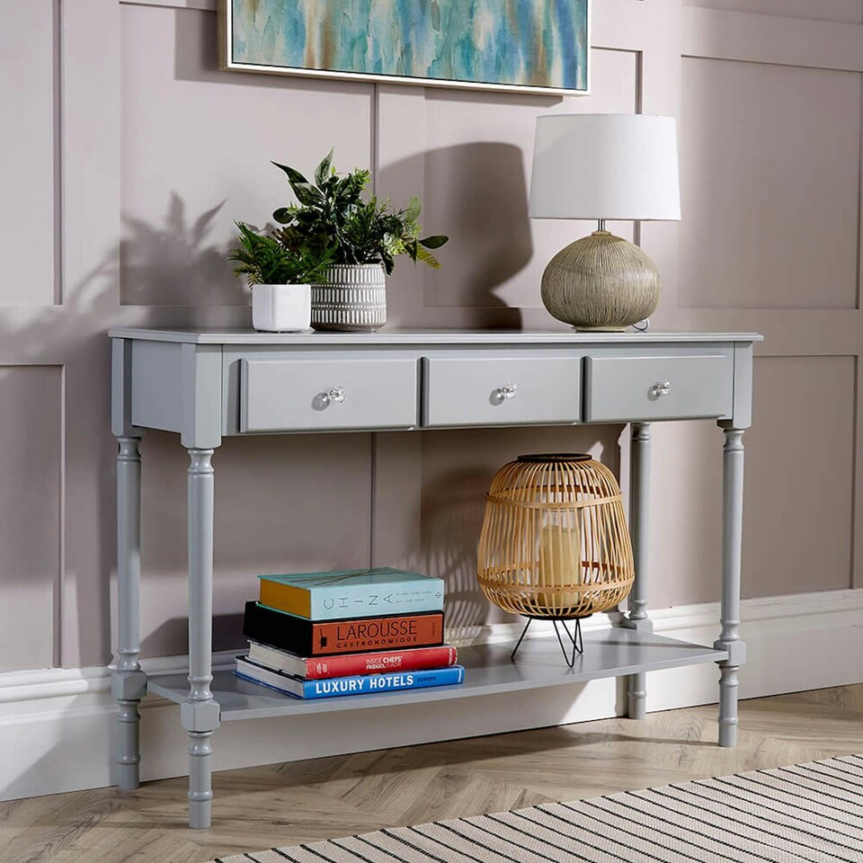 image 1 of Hallway Console Table Stylish Grey Painted Wooden 3 Drawer Side Desk Undershelf Grey