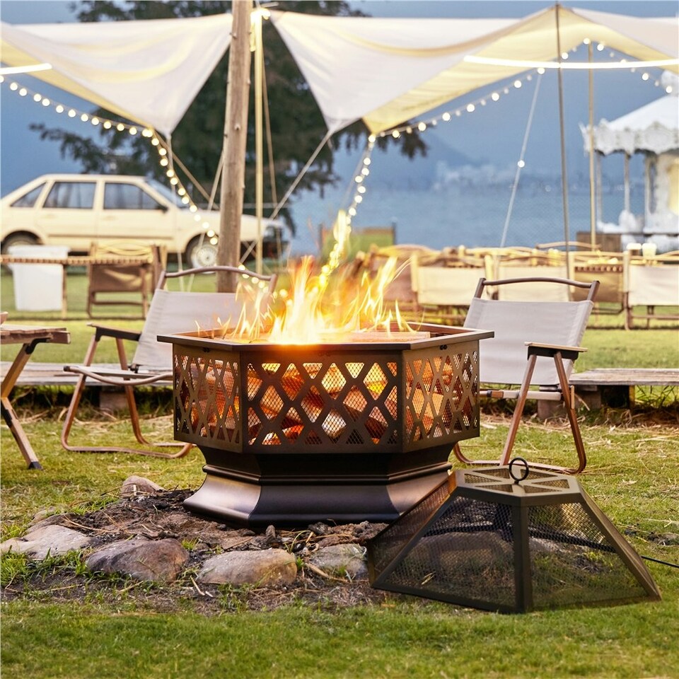image 1 of Yaheetech Hex-Shaped Wood Burning Outdoor Fireplace Black
