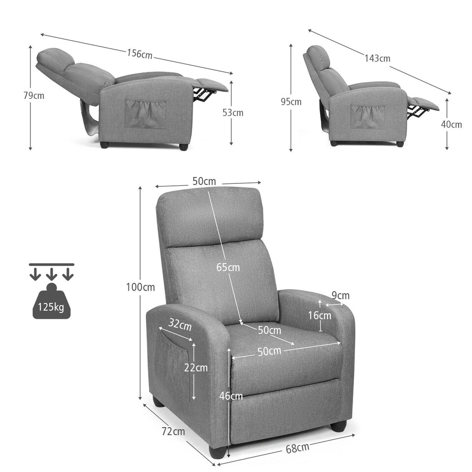 image 1 of COSTWAY Recliner Chair Single Sofa with Adjustable Backrest Grey Grey