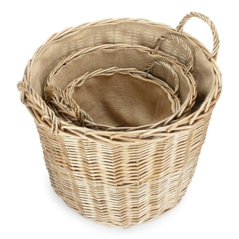 image 1 of Set of 3 Chestnut Finish Wicker Round Lined Log Basket