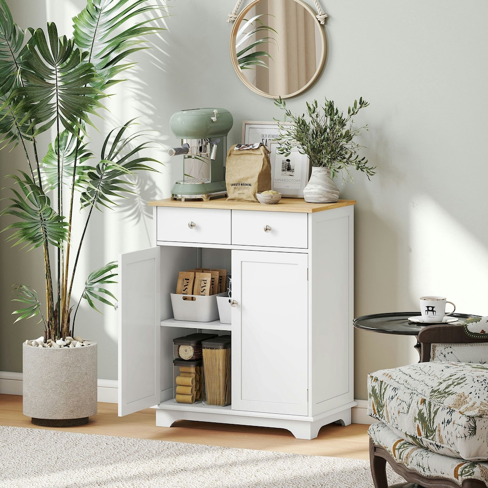 image 1 of HOMCOM Rubber Wood Top Kitchen Cupboard Side Cabinet Island w/Adjustable Shelf