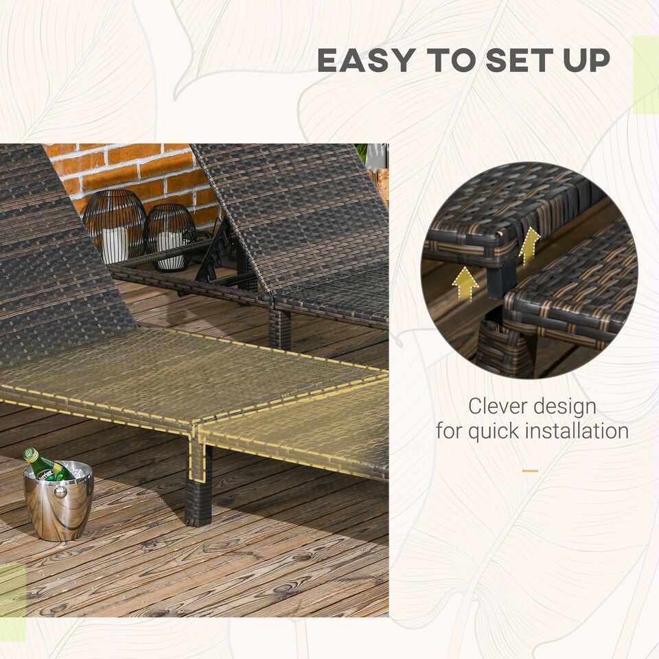 image 1 of Outsunny Rattan Sun Lounger Set of 2, 5-Level Adjustable Garden Lounger Recliner with Cushion and Headrest, Outdoor Reclining Sunbed, Steel Frame Garden Chair for Patio, Beach, Terrace, Cream White