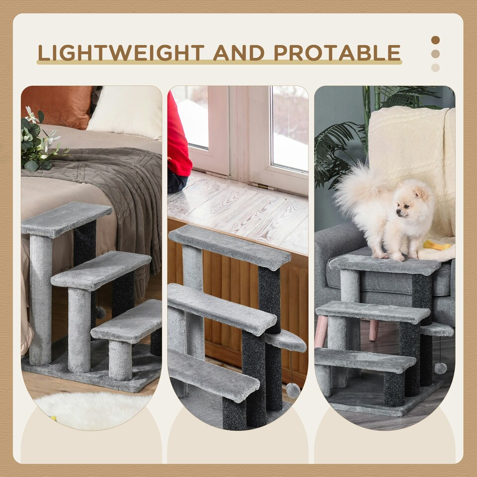 image 1 of PawHut Pet Stairs with 3-step Stair, Scratching Posts, Platforms, Toy Ball