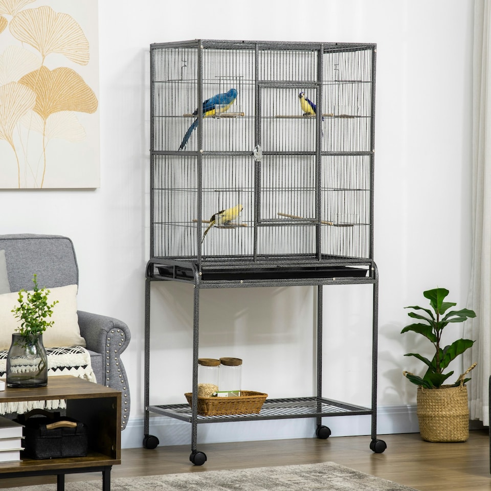 image 1 of PawHut Rolling Bird Cage w/ Detachable stand Storage Shelf  Wood Perch Food Cup