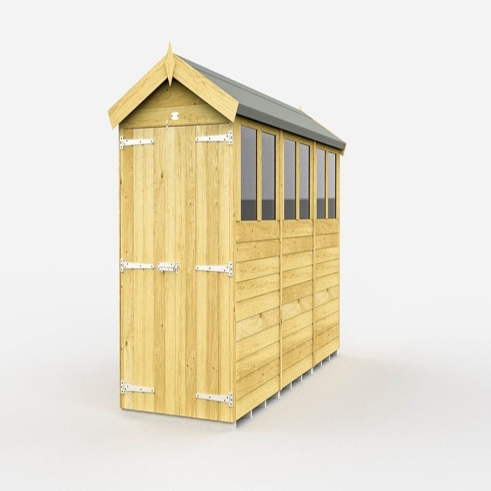 image 1 of 4 x 12 Feet Apex Shed - Double Door With Windows - Wood - L358 x W118 x H217 cm | Brown