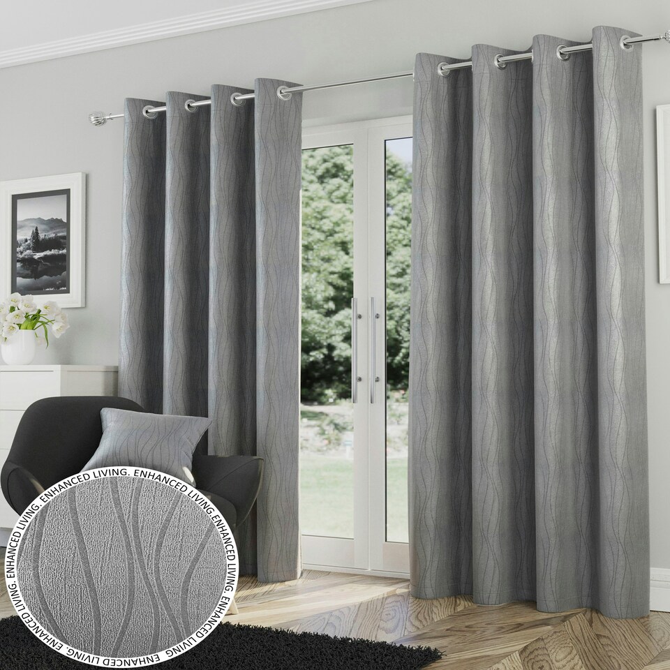 image 1 of Goodwood Silver Curtains 90 x 72 inch (229 x 183 cm) Room Darkening Eyelet Thermal Noise Reducing Curtains for Bedroom and Living Room