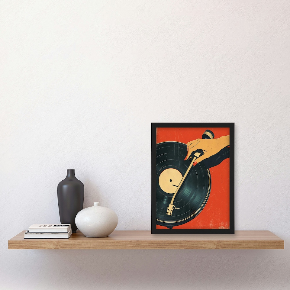 image 1 of Vintage Retro Vinyl Record Player DJ Red Black Black Framed Wall Art Print A4