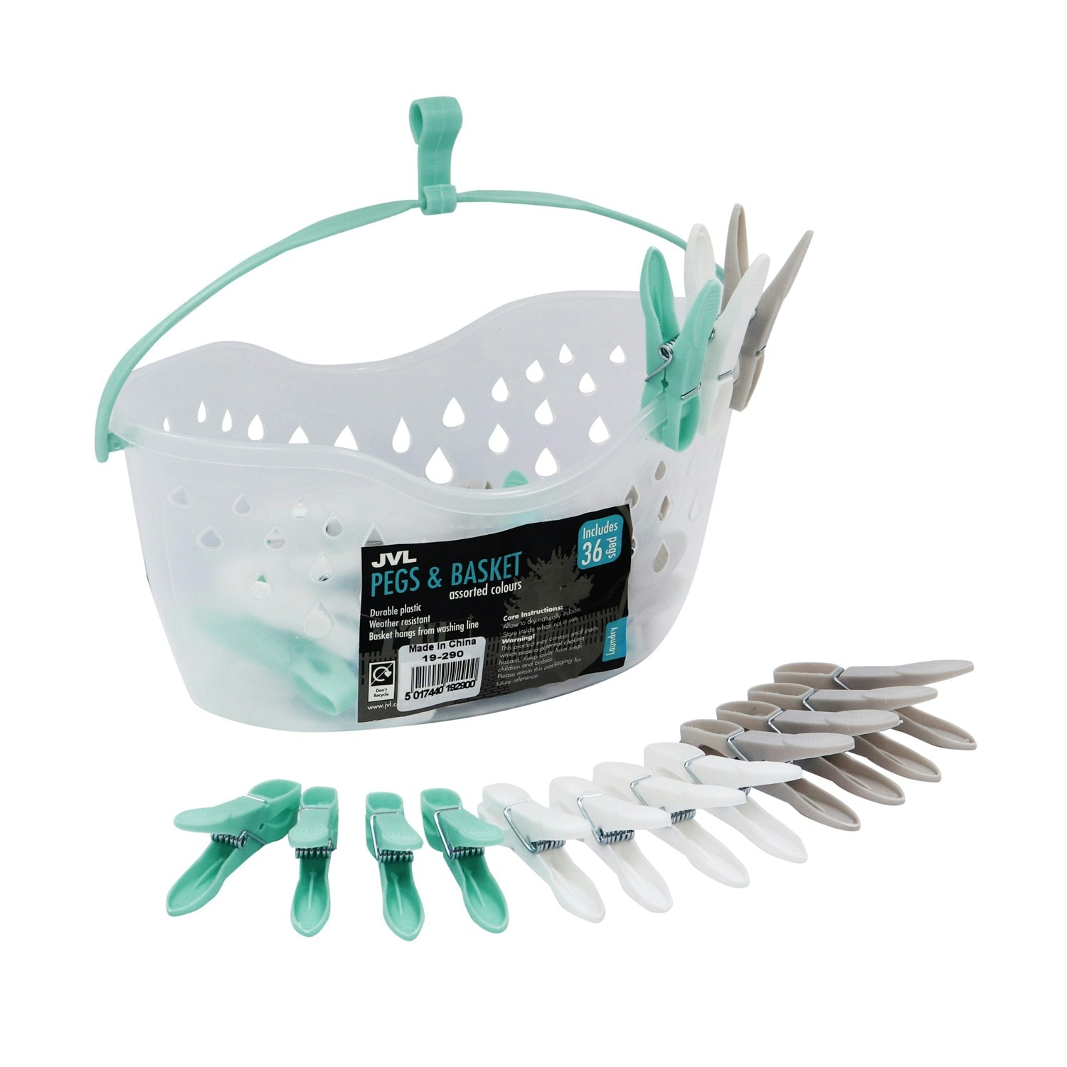 JVL Strong Hanging 36 Plastic Clothes Pegs with Clear Basket and Hook - One Size