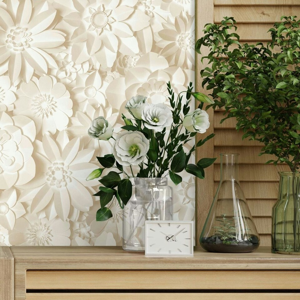 image 1 of Fine Decor 3D Flower Wallpaper - Natural - 10m x 0.5m