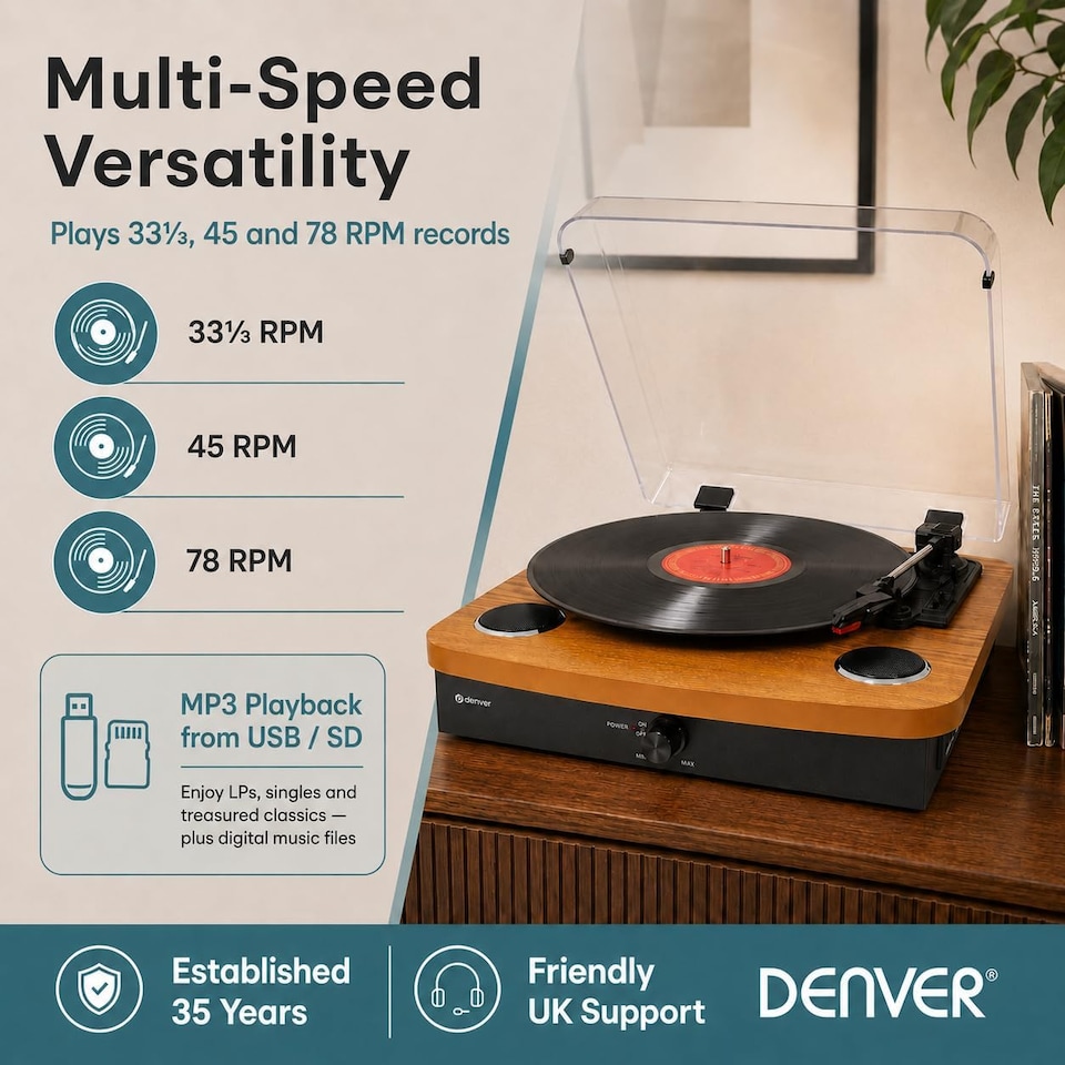 image 1 of Lightwood Vinyl Record Player With Stereo Speakers - Bluetooth Send & Receive - USB & SD Recording - AUX IN & RCA Out
