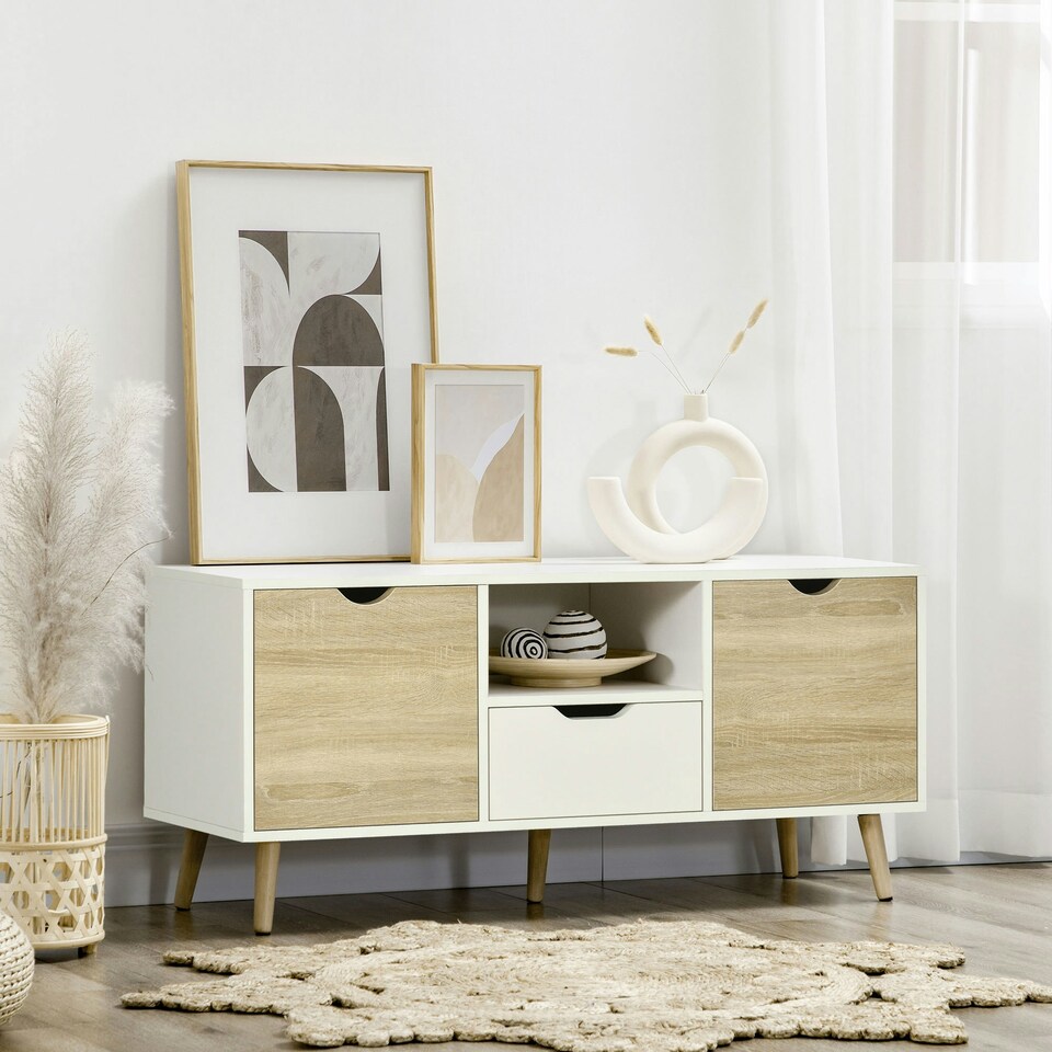 image 1 of HOMCOM TV Cabinet Entertainment Centre w/ Storage Cabinet and Drawer, Natural